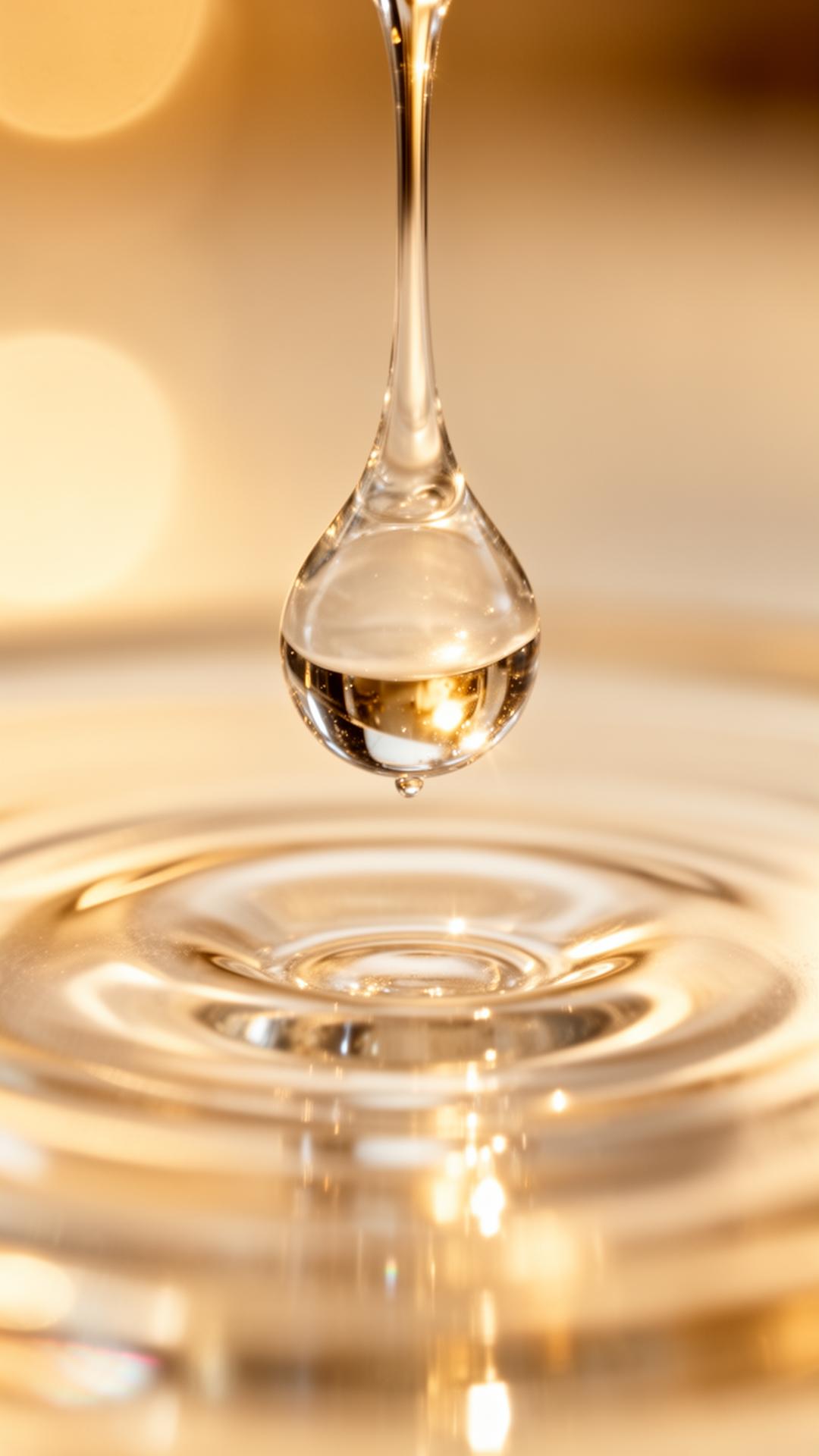 Cinematic droplet of luxurious skincare serum catching warm light
